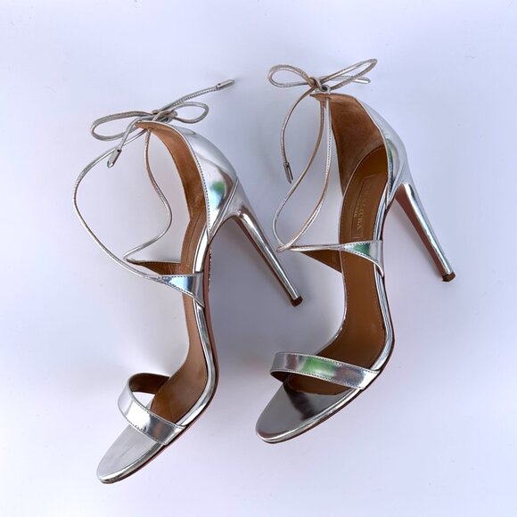 AQUAZZURA Linda 105 Silver Leather Ankle Tie High-Heel Sandals - Size 38.5 - Picture 5 of 12